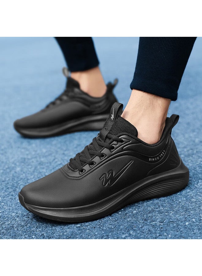 Double Star Men's Sports Shoes Autumn Winter New Leather Waterproof Running Shoes Lightweight Soft Sole Student Shoes Size 44 All Black - Image 3
