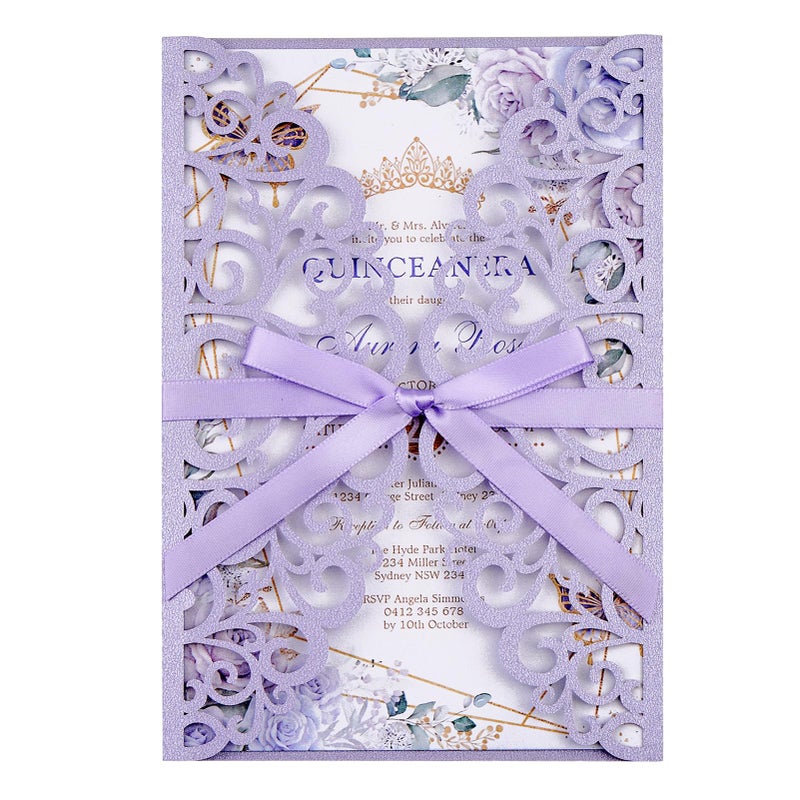 Mabbcoo 50PCS Wedding Invitation, Purple Hollow Laser Cut Custom Invitations with Envelopes and Rsvp Cards for QuinceaÃ±era Engagement - Image 1
