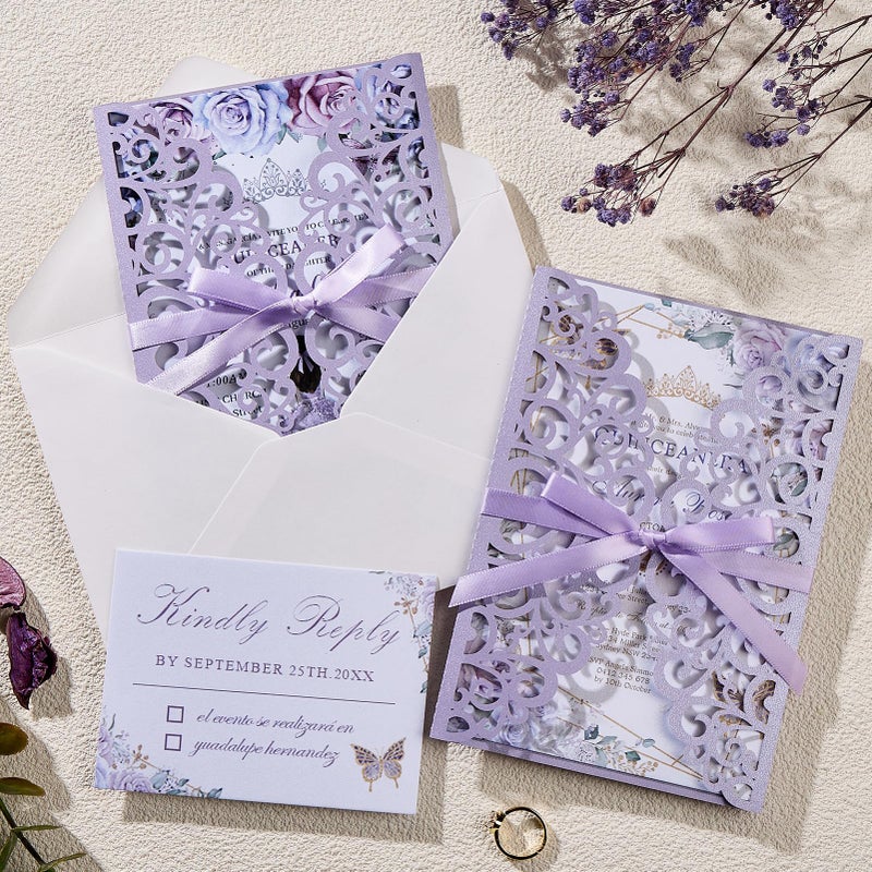 Mabbcoo 50PCS Wedding Invitation, Purple Hollow Laser Cut Custom Invitations with Envelopes and Rsvp Cards for QuinceaÃ±era Engagement - Image 5