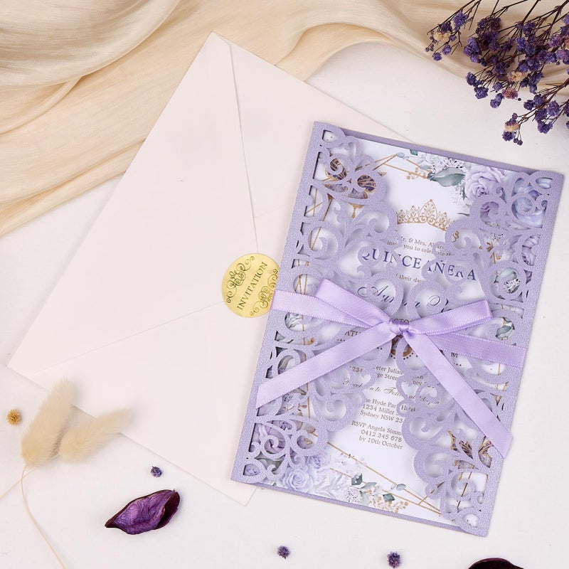 Mabbcoo 50PCS Wedding Invitation, Purple Hollow Laser Cut Custom Invitations with Envelopes and Rsvp Cards for QuinceaÃ±era Engagement - Image 3