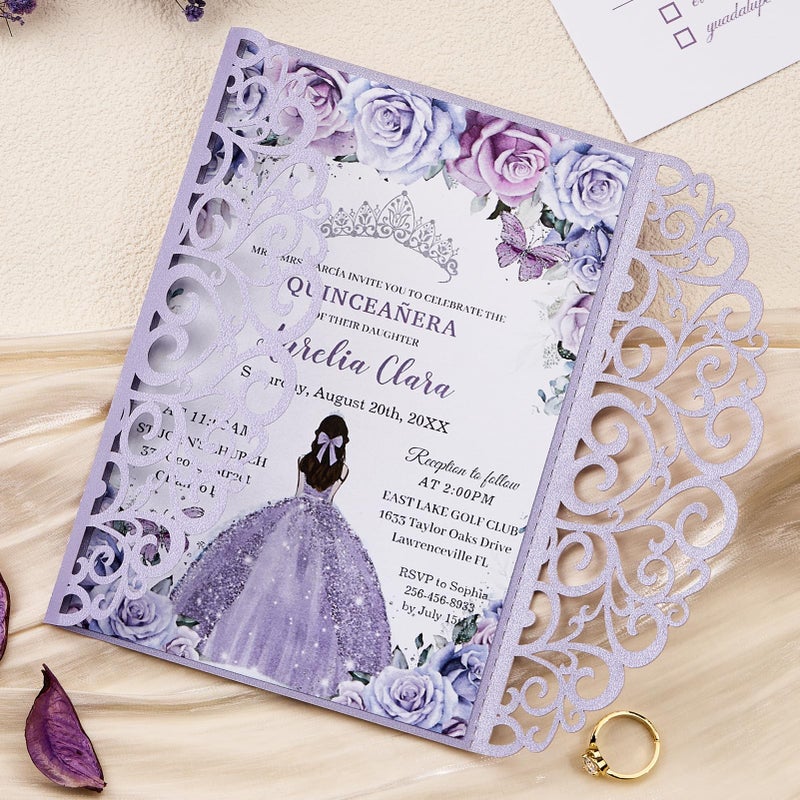 Mabbcoo 50PCS Wedding Invitation, Purple Hollow Laser Cut Custom Invitations with Envelopes and Rsvp Cards for QuinceaÃ±era Engagement - Image 4