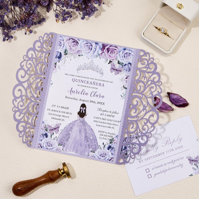 Mabbcoo 50PCS Wedding Invitation, Purple Hollow Laser Cut Custom Invitations with Envelopes and Rsvp Cards for QuinceaÃ±era Engagement - Image 2