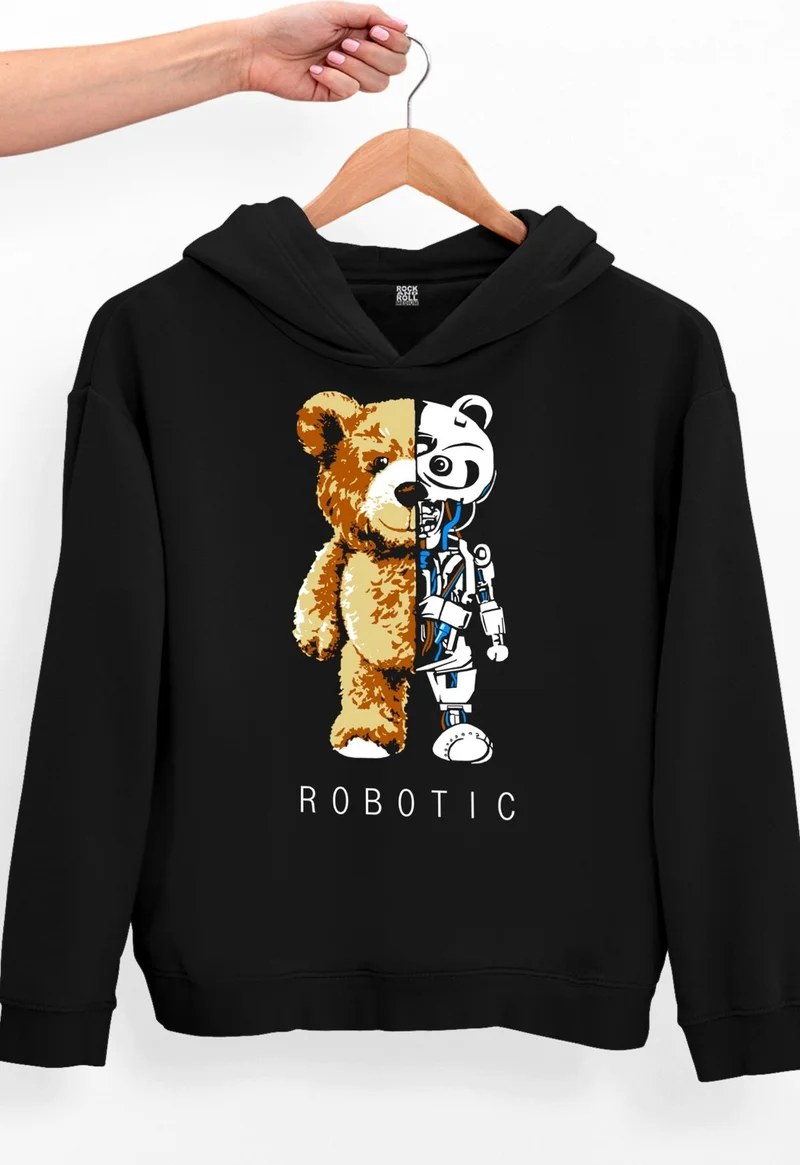 روك اند رول Robot Bear Black Oversize Hooded Thick Women's Sweatshirt