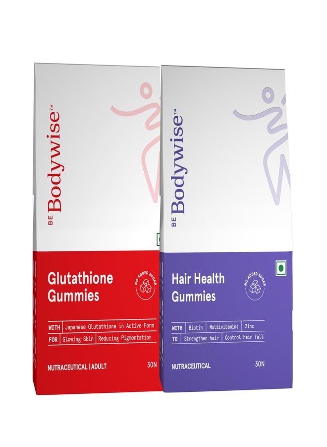 Be Bodywise Biotin Hair Gummies & Glutathione Gummies Combo | For Glowing Skin & Stronger Hair | With Zinc, Multivitamins & Chicory Root | Naturally Sweetened | 30 Gummies Each - Image 1