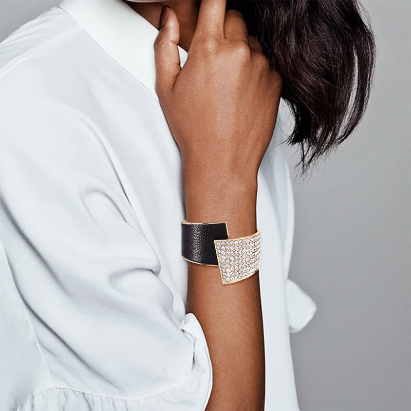 ELABEST Stylish Rhinestone Bracelet Black Cuff Bracelets Stretch Bracelets Sparkly Hand Chain Wedding Parties Jewelry Accessories for Women (Black) - Image 2