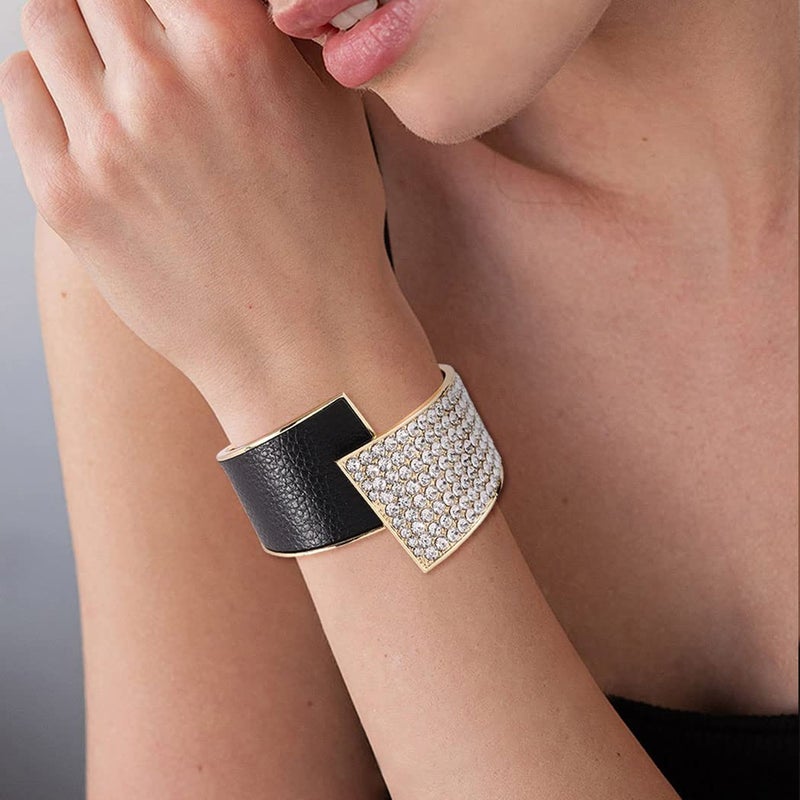 ELABEST Stylish Rhinestone Bracelet Black Cuff Bracelets Stretch Bracelets Sparkly Hand Chain Wedding Parties Jewelry Accessories for Women (Black) - Image 3