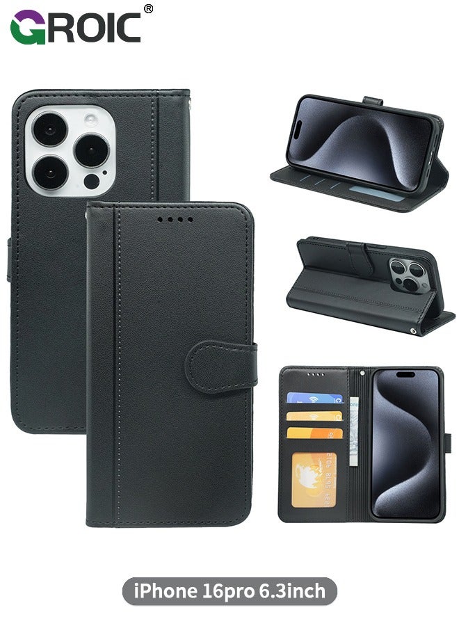 GROIC Compatible with iPhone 16 Pro Case Wallet with Credit Card Holder, Flip Leather Magnetic Clasp Kickstand Heavy Duty Protective Cover for iPhone 16 Pro - Image 1