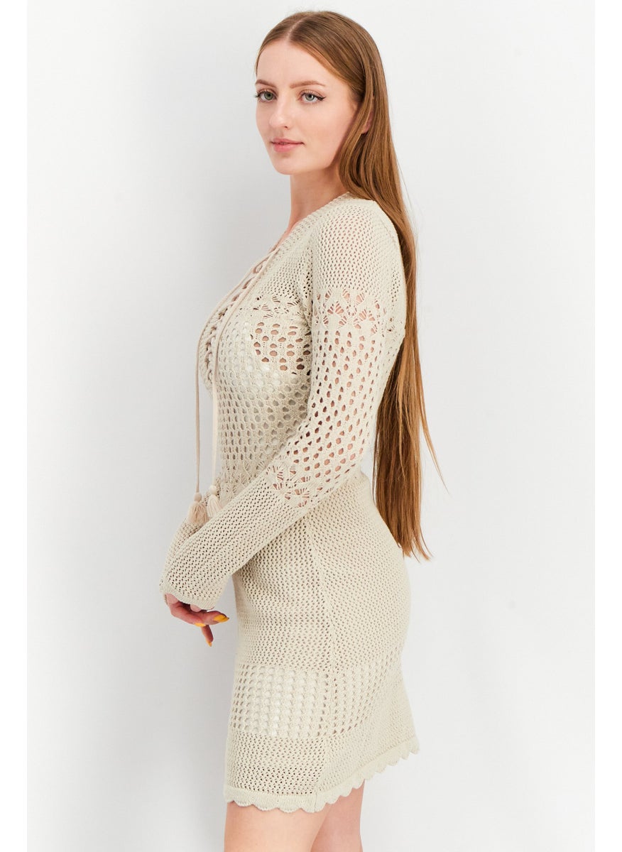 Aqua - Women Knitted Mini Non-Party Dress, Tan - Image 1