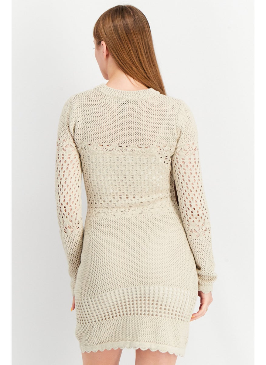 Aqua - Women Knitted Mini Non-Party Dress, Tan - Image 1