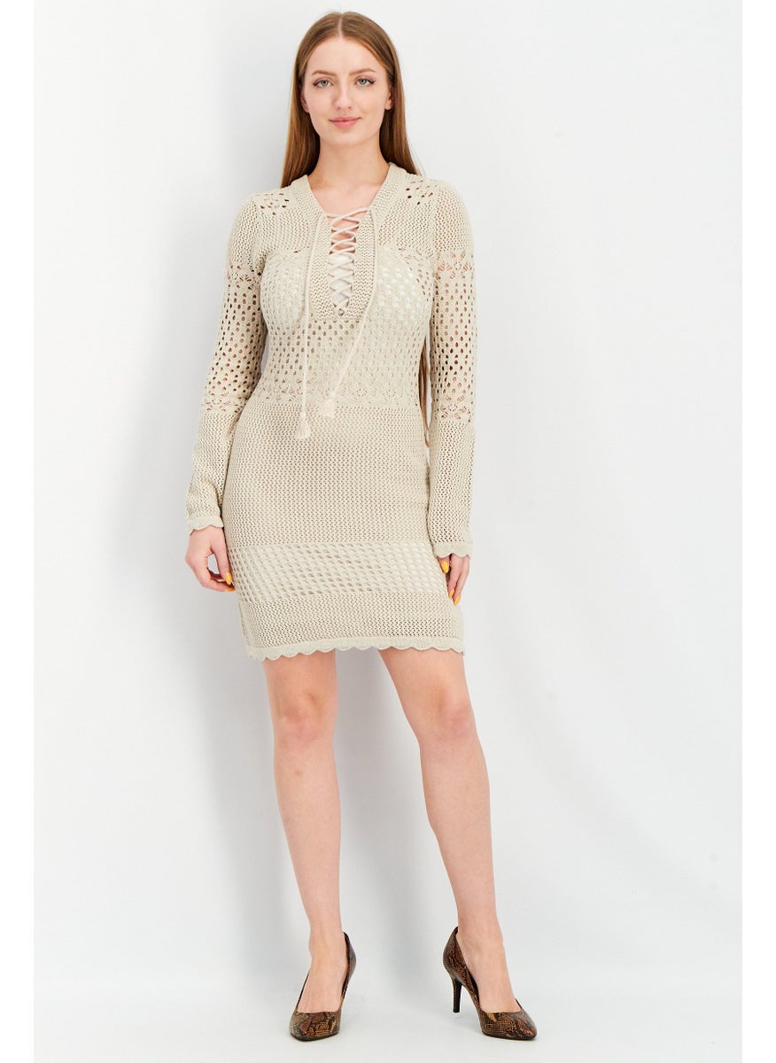 Aqua - Women Knitted Mini Non-Party Dress, Tan - Image 1
