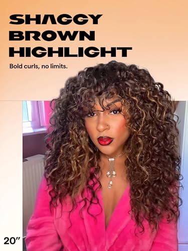 GORGIUS Veralux Blend Human Hair Highlight Brown Curly Wig with Bangs Glueless Synthetic Bang Wigs with Realistic Scalp Put On ang Go Beginner Friendly 20 Inch - Image 2