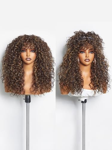 GORGIUS Veralux Blend Human Hair Highlight Brown Curly Wig with Bangs Glueless Synthetic Bang Wigs with Realistic Scalp Put On ang Go Beginner Friendly 20 Inch - Image 1