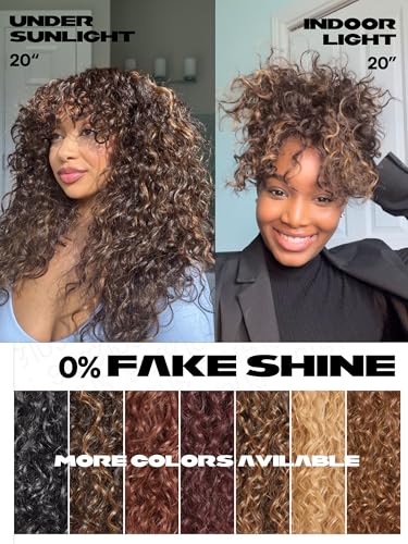 GORGIUS Veralux Blend Human Hair Highlight Brown Curly Wig with Bangs Glueless Synthetic Bang Wigs with Realistic Scalp Put On ang Go Beginner Friendly 20 Inch - Image 4