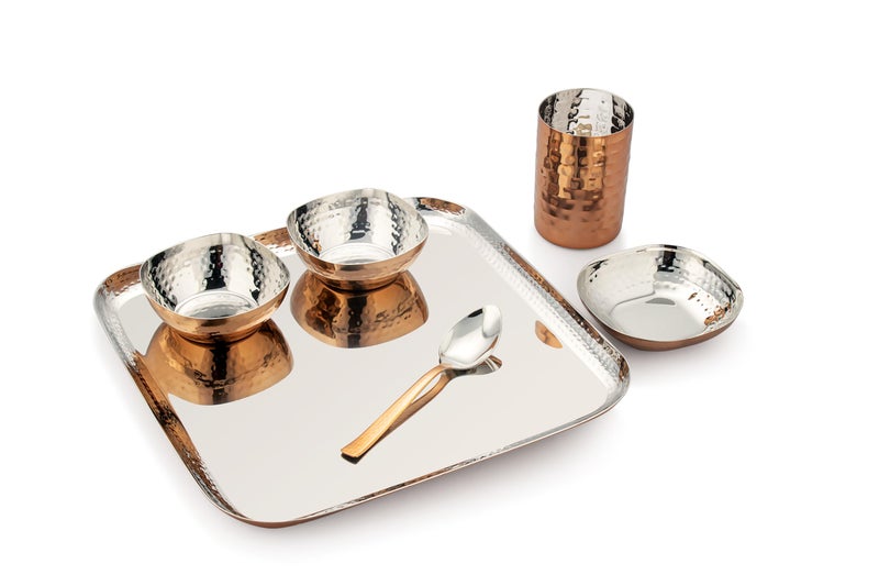 Silverglow Premium Stainless Steel Copper Dinner Set for 4 People | Square Family Dinner Set | 24-Piece Gift Pack | Dinner Plates, Bowls, Spoons, Tumblers | Festive Gift | Wedding, Diwali, Rakhi - Image 2