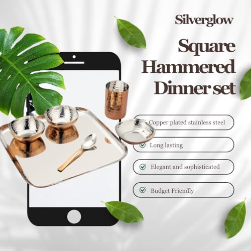 Silverglow Premium Stainless Steel Copper Dinner Set for 4 People | Square Family Dinner Set | 24-Piece Gift Pack | Dinner Plates, Bowls, Spoons, Tumblers | Festive Gift | Wedding, Diwali, Rakhi - Image 3
