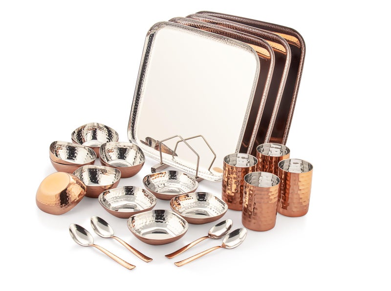 Silverglow Premium Stainless Steel Copper Dinner Set for 4 People | Square Family Dinner Set | 24-Piece Gift Pack | Dinner Plates, Bowls, Spoons, Tumblers | Festive Gift | Wedding, Diwali, Rakhi - Image 1