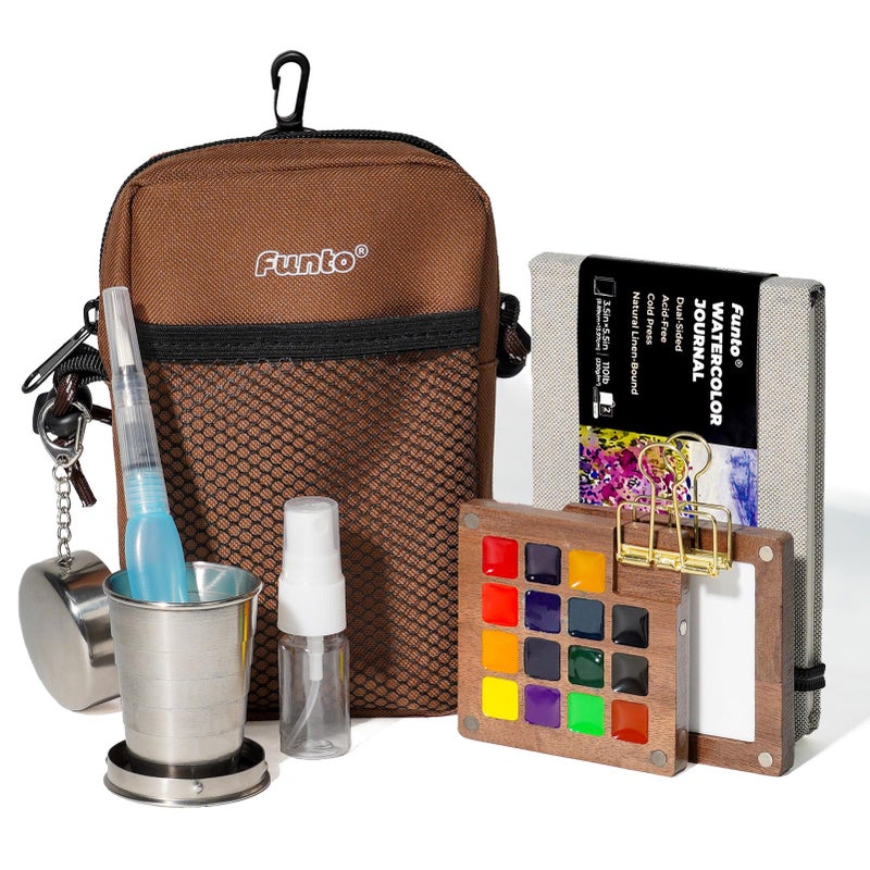 Funto Mini Watercolor Paint Set AllInOne Walnut Wood 15Color Premium Pocket Travel Paint Kit with Crossbody BagWatercolor Journal Metal Clip Paint Water Cup Water Brush Ideal for Art Lovers