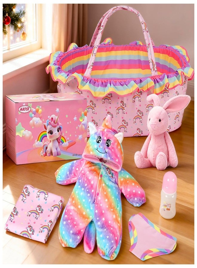 ARTST Reborn Baby Doll Accessories with Bassinet, Rainbow Unicorn Doll Clothes Outfit Set for 17-22 inch Newborn Babies,Valentine's Gift for 3-12 Girls Boys(NO Doll) - Image 1