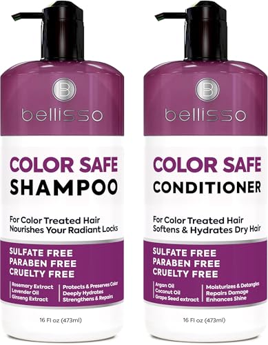 BELLISSO Color Safe Shampoo and Conditioner Set AntiFade Protection for Color Treated Dyed Highlighted Hair Sulfate Paraben Free Hydrating Formula with Rosemary Coconut Argan Oil for Women Men - Image 1