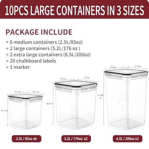 PRAKI Large Airtight Food Storage Containers with Lids, 10PCS Plastic Cereal Storage Containers, Kitchen & Pantry Organizers and Storage for Sugar, Flour, Baking Supplies with Lables & Mark - Image 2