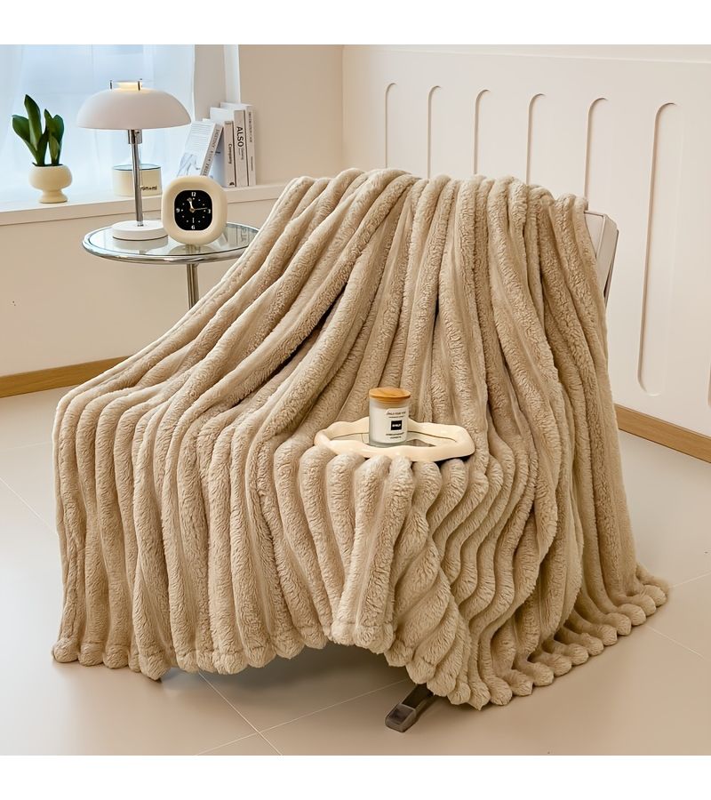 Beige Rabbit Fleece Quilt 78.74 Inch By 90.55 Inch Geometric Pattern Soft Polyester Machine Washable All Seasons Cozy Home Textile - Image 4