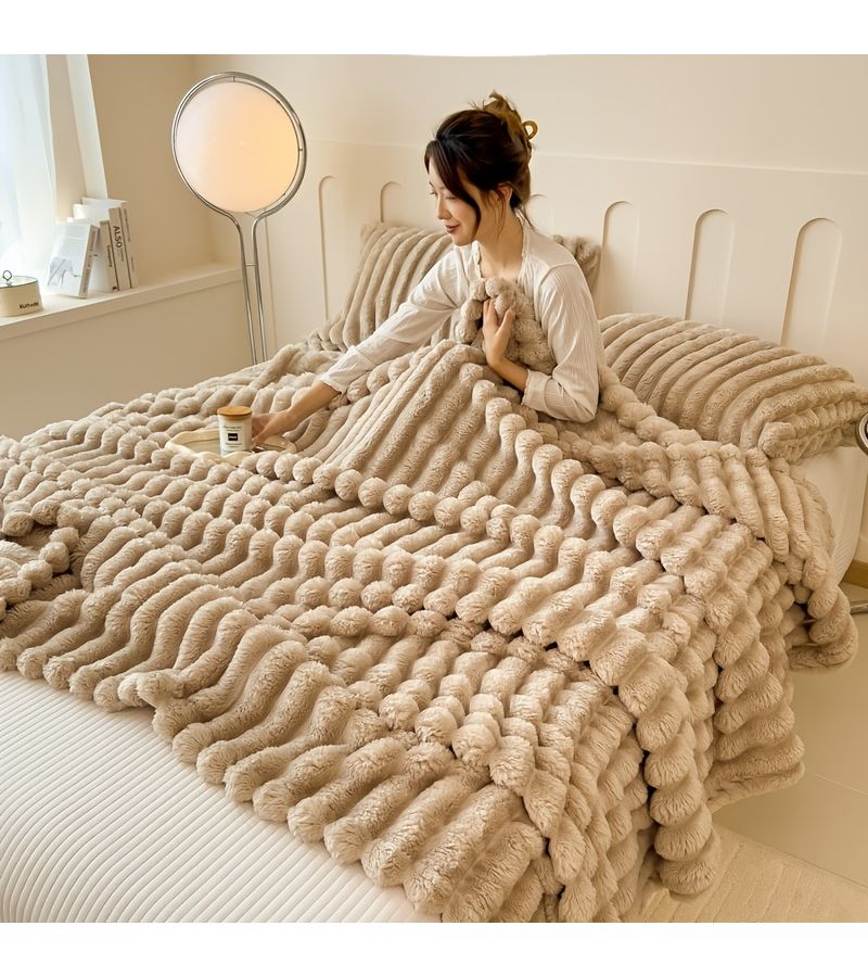 Beige Rabbit Fleece Quilt 78.74 Inch By 90.55 Inch Geometric Pattern Soft Polyester Machine Washable All Seasons Cozy Home Textile - Image 5