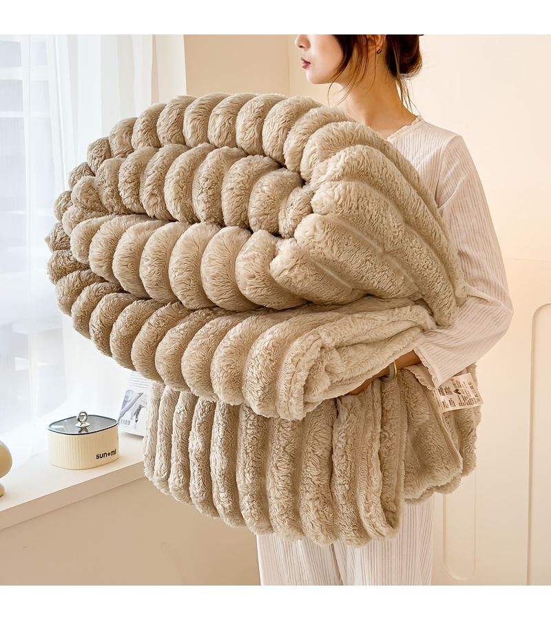 Beige Rabbit Fleece Quilt 78.74 Inch By 90.55 Inch Geometric Pattern Soft Polyester Machine Washable All Seasons Cozy Home Textile - Image 1