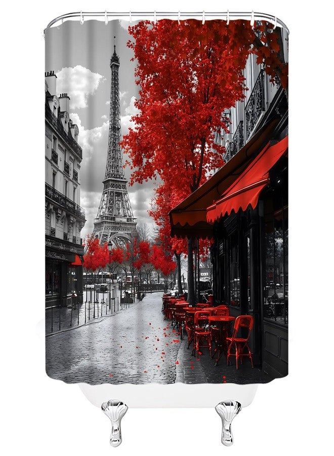EVRCVAR Paris Eiffel Tower Shower Curtain European Street City Scenery Red Grey Vintage Coffee Shop French Romantic Oil Painting Landscape Bathroom Curtain Fabric with Hooks(70" WX70 H) - Image 4