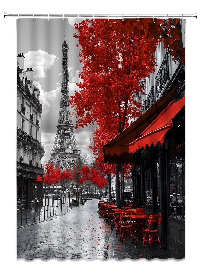 EVRCVAR Paris Eiffel Tower Shower Curtain European Street City Scenery Red Grey Vintage Coffee Shop French Romantic Oil Painting Landscape Bathroom Curtain Fabric with Hooks(70" WX70 H) - Image 2