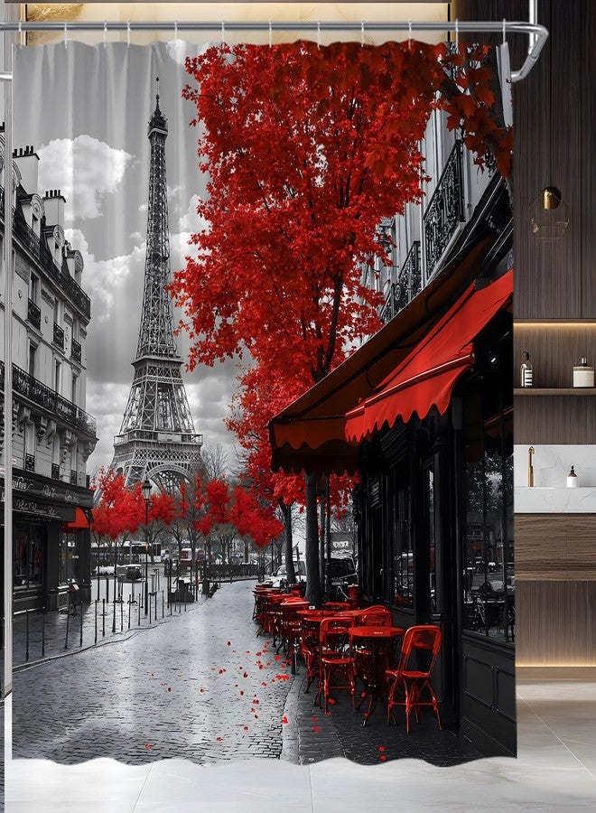 EVRCVAR Paris Eiffel Tower Shower Curtain European Street City Scenery Red Grey Vintage Coffee Shop French Romantic Oil Painting Landscape Bathroom Curtain Fabric with Hooks(70" WX70 H) - Image 1