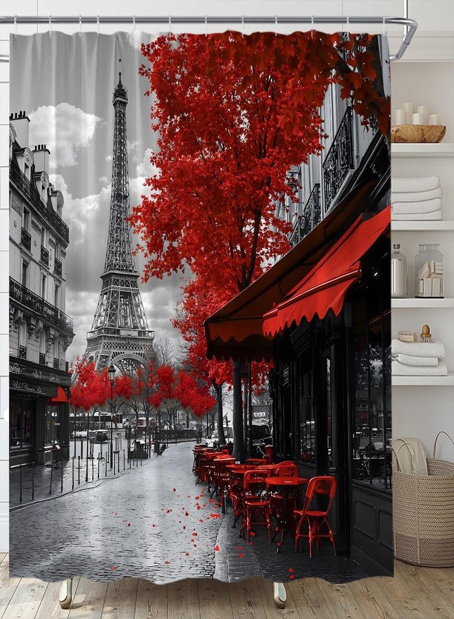 EVRCVAR Paris Eiffel Tower Shower Curtain European Street City Scenery Red Grey Vintage Coffee Shop French Romantic Oil Painting Landscape Bathroom Curtain Fabric with Hooks(70" WX70 H) - Image 3