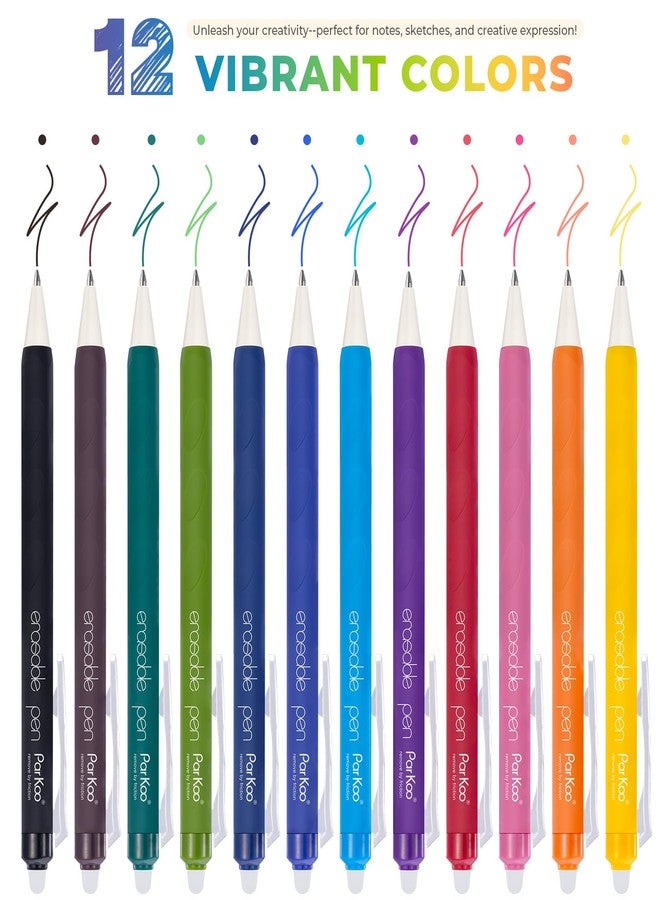 ParKoo Erasable Gel Pens, 12 Colors Retractable Erasable Colored Pens Fine Point 0.7mm, Make Mistakes Disappear, Assorted Color Inks for Drawing Coloring Writing Planner - Image 3