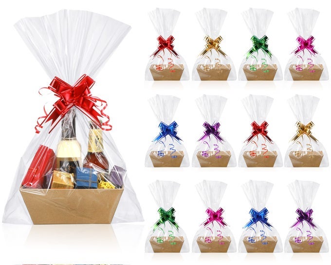 50 PCS EMPTY GIFT BASKET SET 12 PCS BASKET FOR GIFTS EMPTY KRAFT MARKET TRAY CARDBOARD STORAGE WITH HANDLES 18 BAGS AND 20 MULTICOLOR BOWS FOR WEDDING BIRTHDAY EASTER 10 X 7 X 3 INCHES