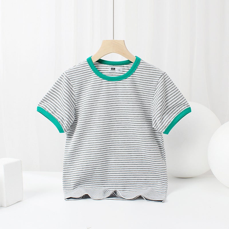 Summer Korean version of children's clothing new boys short sleeve small and medium-sized children striped round neck T shirt girls short sleeve T-shirt wholesale - Image 1