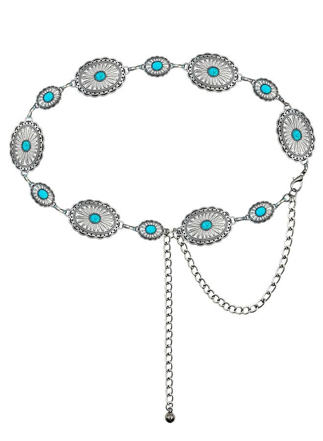 TOPACC Metal Chain Belt for Women Waist chains for Dresses Jeans Western Cowgirl, Turquoise-65, Length 53" (36"+extended chain 17") - Image 1