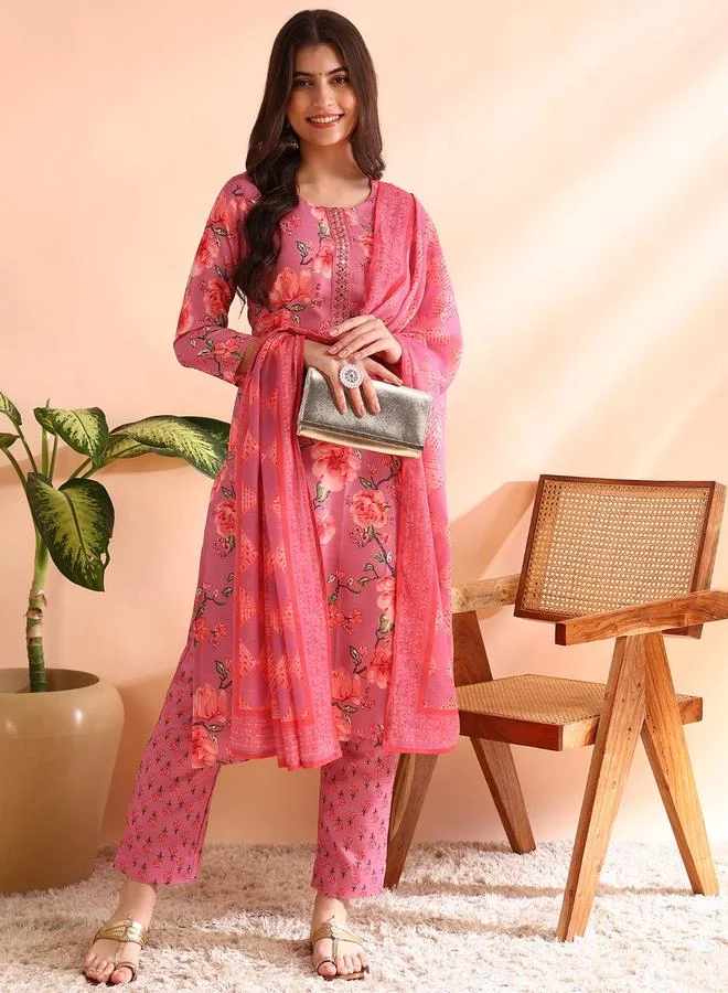 Take Two Pink Floral Viscose Kurta Set with Dupatta By  AHIKA