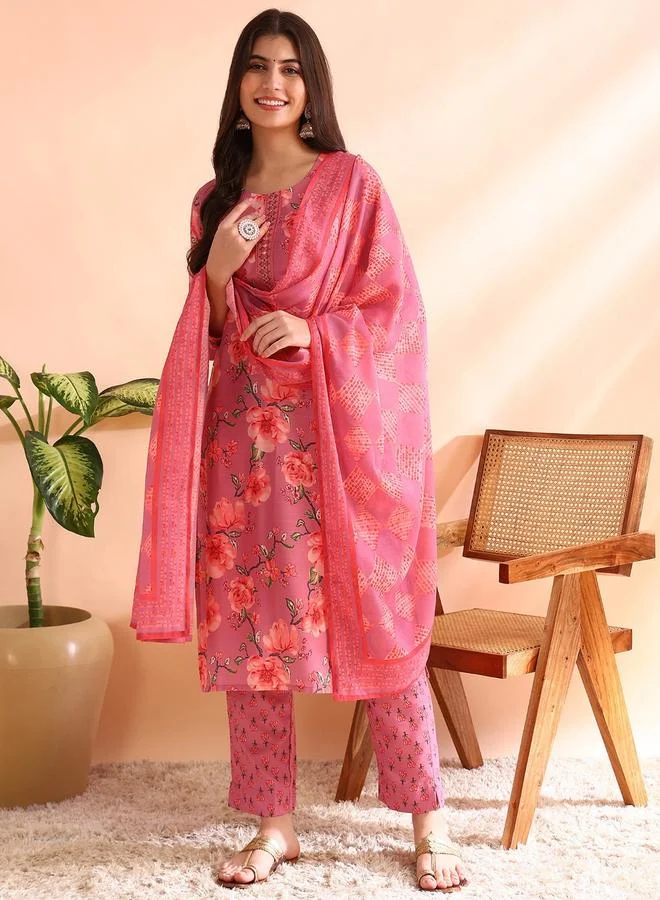 Take Two Pink Floral Viscose Kurta Set with Dupatta By  AHIKA