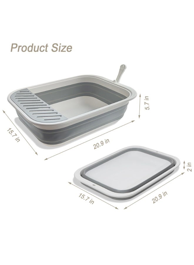 Collapsible Kitten Litter Box, 45 x 34 x 12.7 cm Open Cat Potty Pan with Scoop Foldable Shallow Cat Toilet Anti-Splashing Low Entrance Travel Litter Box with Falling Sand Pedal Grey - Image 2