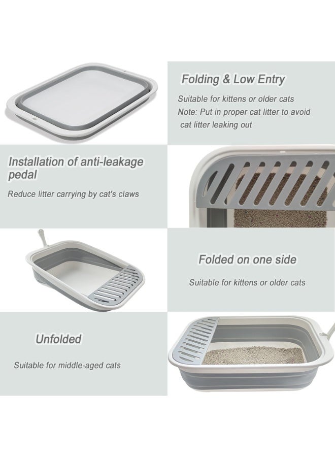 Collapsible Kitten Litter Box, 45 x 34 x 12.7 cm Open Cat Potty Pan with Scoop Foldable Shallow Cat Toilet Anti-Splashing Low Entrance Travel Litter Box with Falling Sand Pedal Grey - Image 3