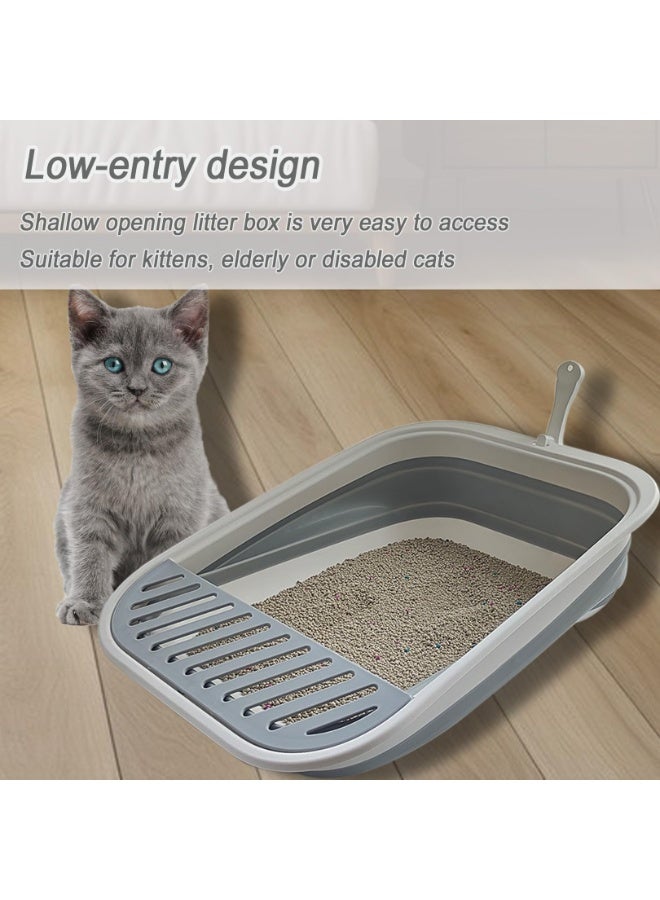Collapsible Kitten Litter Box, 45 x 34 x 12.7 cm Open Cat Potty Pan with Scoop Foldable Shallow Cat Toilet Anti-Splashing Low Entrance Travel Litter Box with Falling Sand Pedal Grey - Image 5