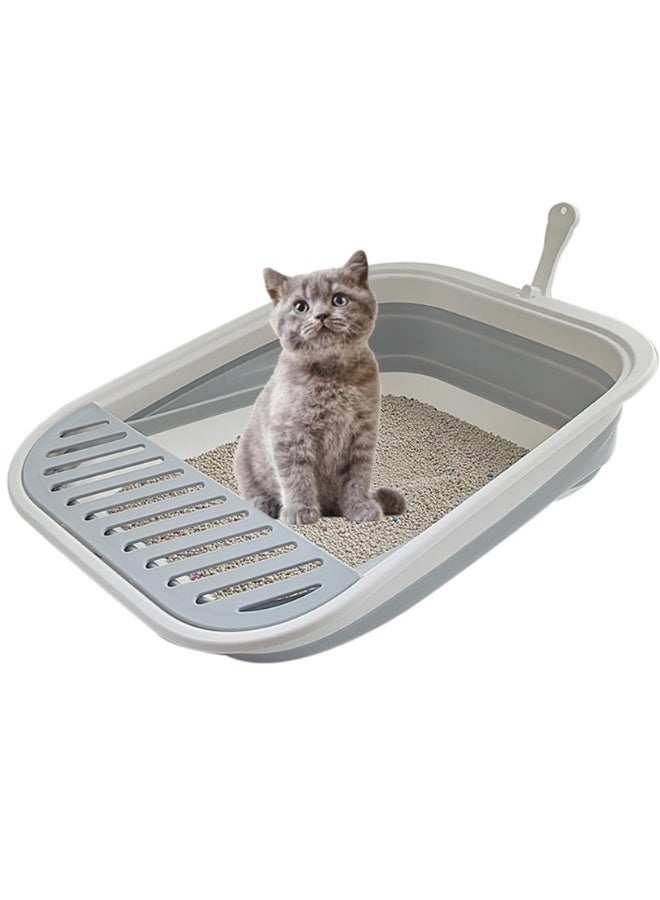 Collapsible Kitten Litter Box, 45 x 34 x 12.7 cm Open Cat Potty Pan with Scoop Foldable Shallow Cat Toilet Anti-Splashing Low Entrance Travel Litter Box with Falling Sand Pedal Grey - Image 1