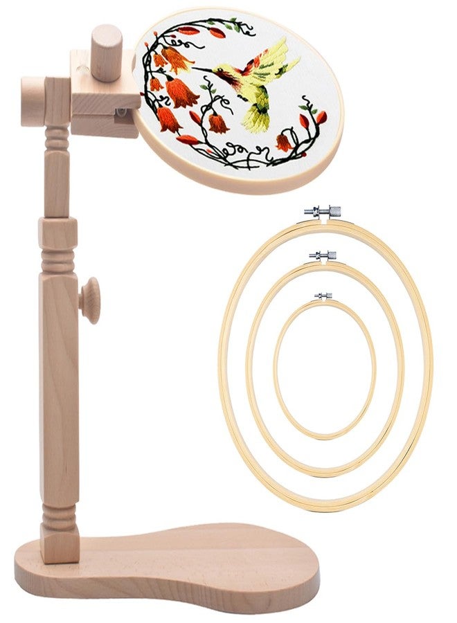 TINDTOP 3 Sets Embroidery Kit for Adults with Embroidery Hoop Stand, Hummingbird and Flower Embroidery Kit, Beech Wood Adjustable Rotated Embroidery Hoop Holder for Embroidery Projects - Image 1