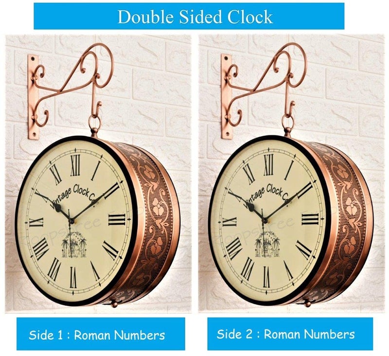 Vintage Clock Iron Handcrafted Double Side Analog Clock with Roman Numbers 1 Year Warranty (10 Inches Size, Rose Gold Finish, Floral Design, VC-65471) - Image 2