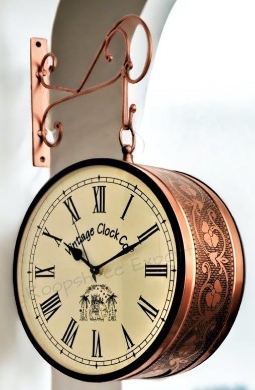Vintage Clock Iron Handcrafted Double Side Analog Clock with Roman Numbers 1 Year Warranty (10 Inches Size, Rose Gold Finish, Floral Design, VC-65471) - Image 1