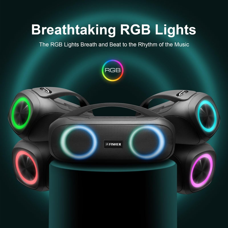 Fisher Portable Bluetooth Speakers, IPX5 Waterproof Speaker, 60W Peak Power Stereo Boombox HD Sound Bluetooth Speaker with RGB Lights, TWS, FM Radio, AUX, Wireless Electronic, Use Anywhere - Image 3