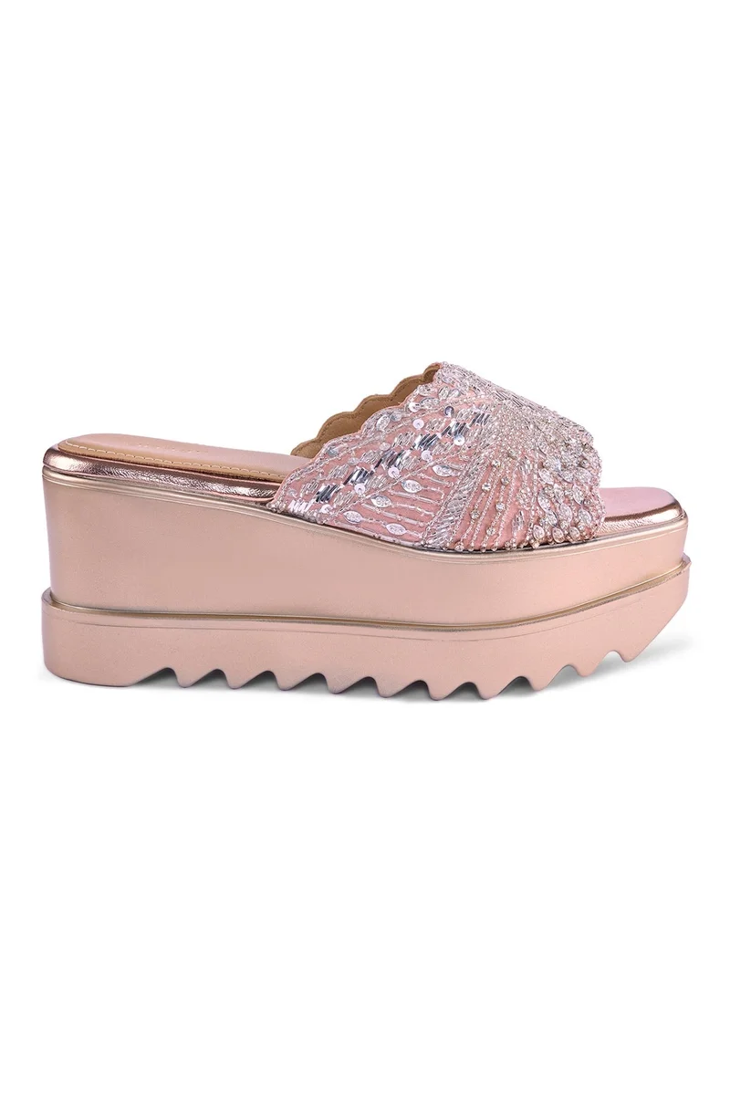 Anaar Leher Wedge Sandals – Pink Satin Handcrafted Festive Footwear with Cutdana & Mukaish Embroidery