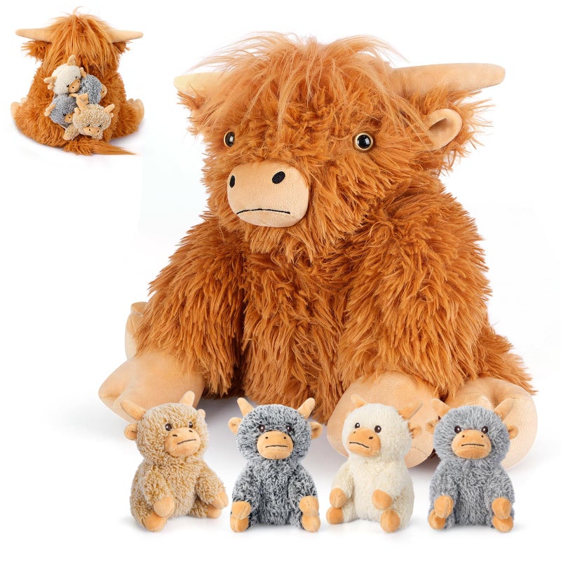 SuzziPals 5in1 Highland Cow Stuffed Animals with Babies Inside 5PC Set Highland Cow Plush Mommy 4 Babies Soft Pillow Plushies Decor Cute 3 to 8 Year Old Girl Gifts Imaginative Play Toy Cows - Image 3