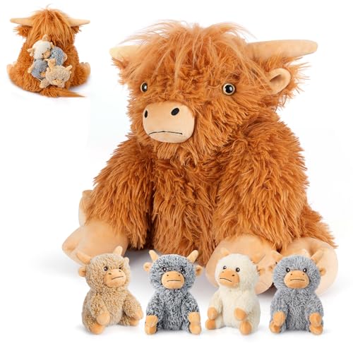 SuzziPals 5in1 Highland Cow Stuffed Animals with Babies Inside 5PC Set Highland Cow Plush Mommy 4 Babies Soft Pillow Plushies Decor Cute 3 to 8 Year Old Girl Gifts Imaginative Play Toy Cows - Image 1