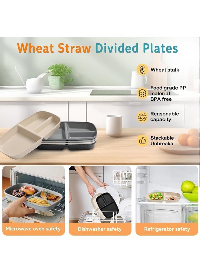 DUNISO 5 Pack Unbreakable Wheat Straw Divided Plates,Reusable Dinnerware,Round  Plastic Plate with 3 Compartments, for Kids and Adults,BPA-free - Image 5