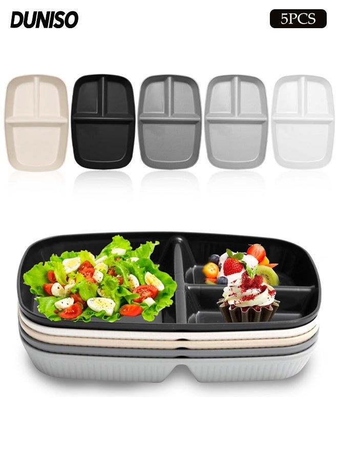 DUNISO 5 Pack Unbreakable Wheat Straw Divided Plates,Reusable Dinnerware,Round  Plastic Plate with 3 Compartments, for Kids and Adults,BPA-free - Image 1